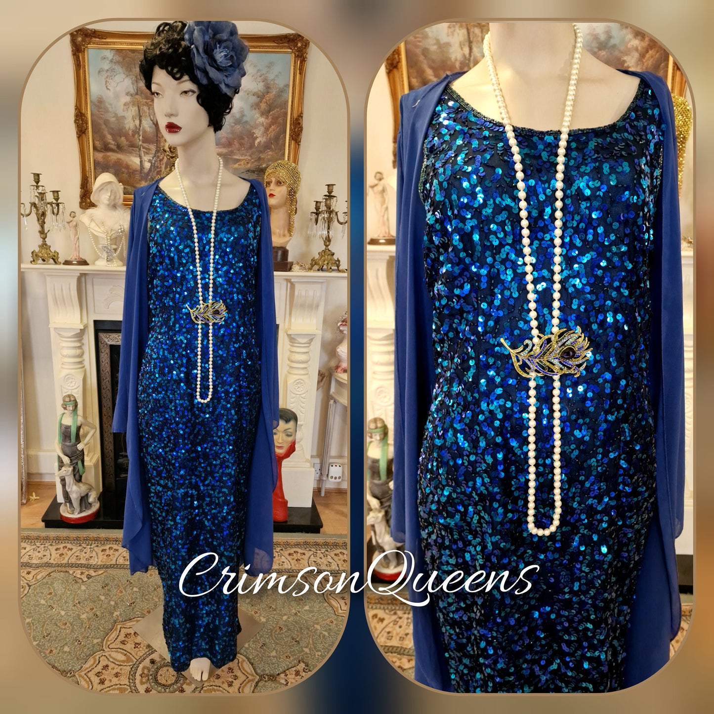 Art Deco silk vintage heavily sequinned electric blue with peacock shades undertones evening festive dress with coat size uk 12 14 US 8 10