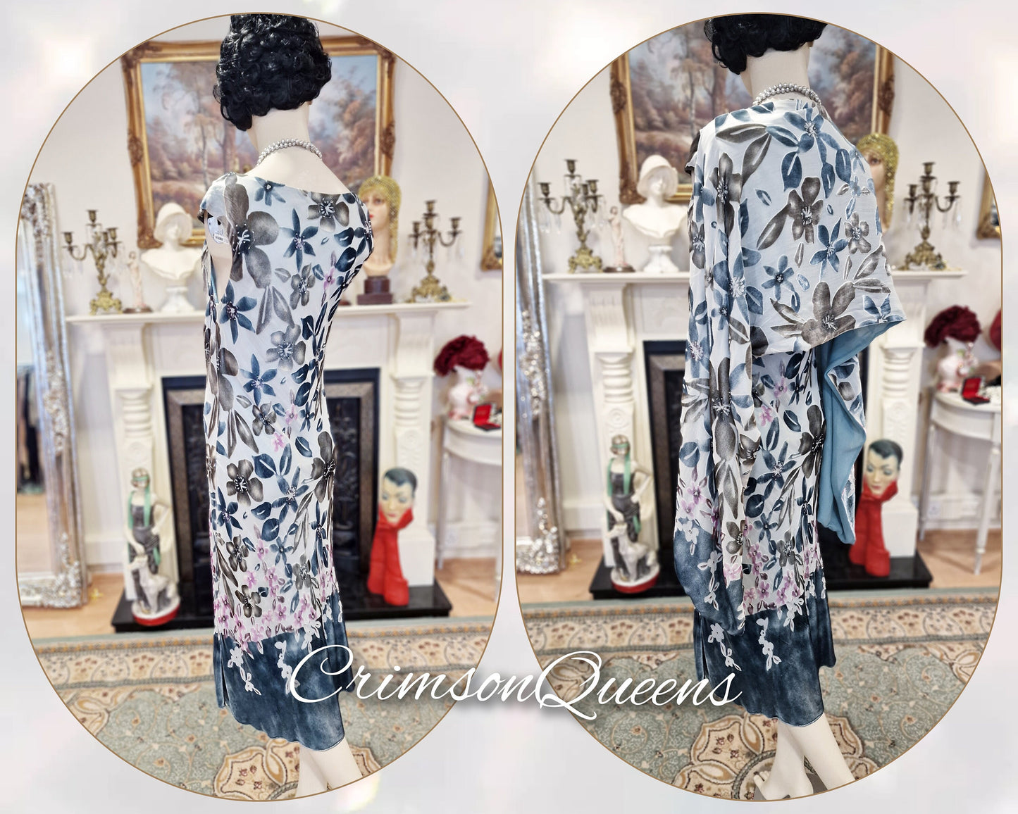 Vintage Great Gatsby Downton Abbey silk devore romantic floral cocktail garden guest wedding ensemble dress gown shawl UK 10 12 US 6 8