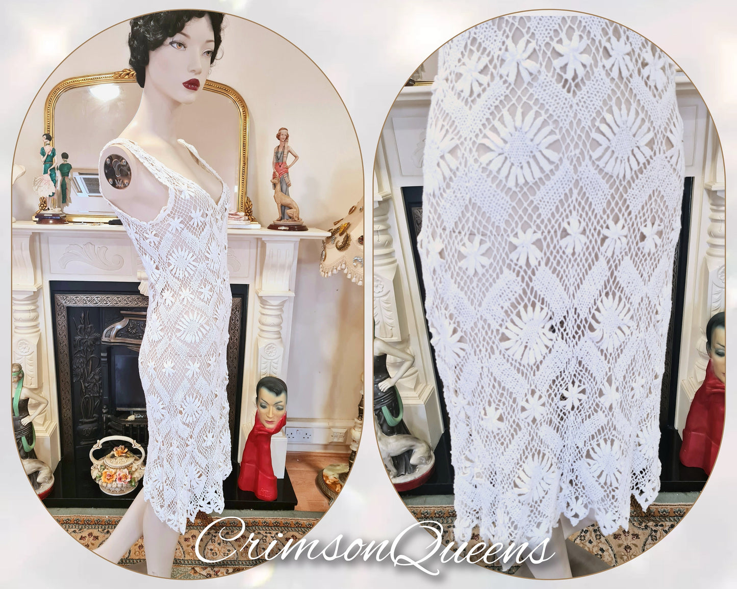 Vintage flapper 1920s gypsy bohemian white day crochet knitted day dress size UK 8 US 6