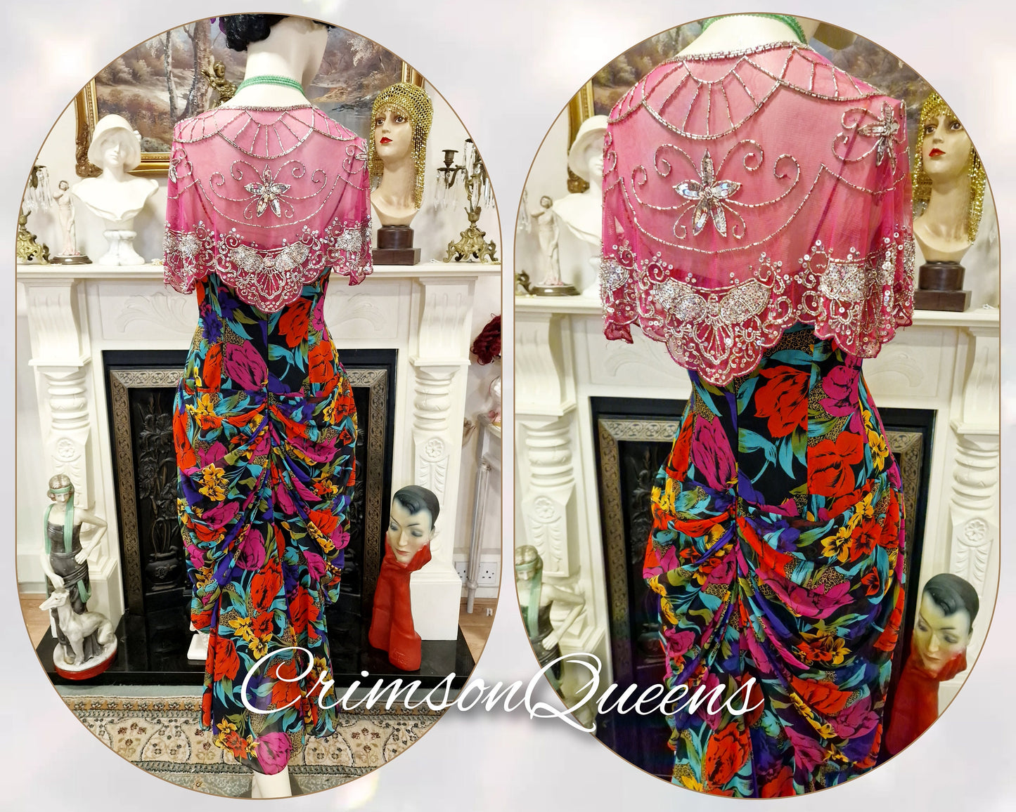 Multicoloured 1920s 1930s Downton Abbey romantic chiffon ruffled garden party cocktail floral dress with matching shawl size UK 12 US 8