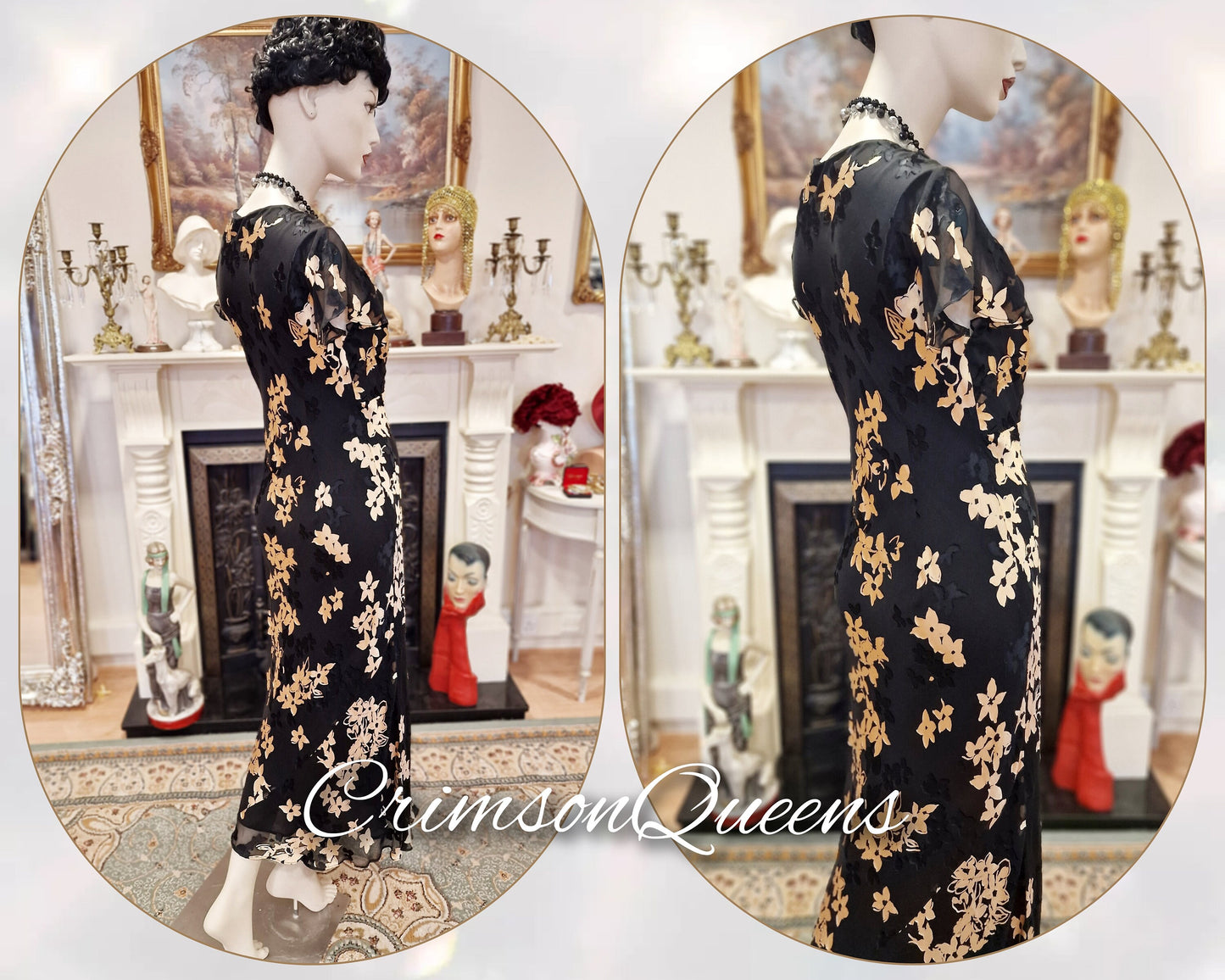 1930s gown Silk devore gown Great Gatsby gown Downton Abbey gown Oriental Devore Silk Velvet Floral Dress Evening Gown Size UK 12 US 8