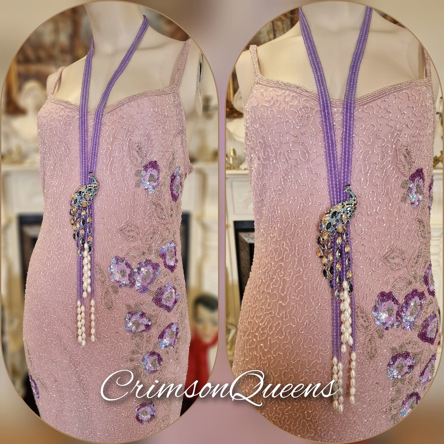 1920s dress Great Gatsby dress flapper gold purple pink dress tassel fringe beaded sequined dress Downton Abbey dress size UK 10 US 6
