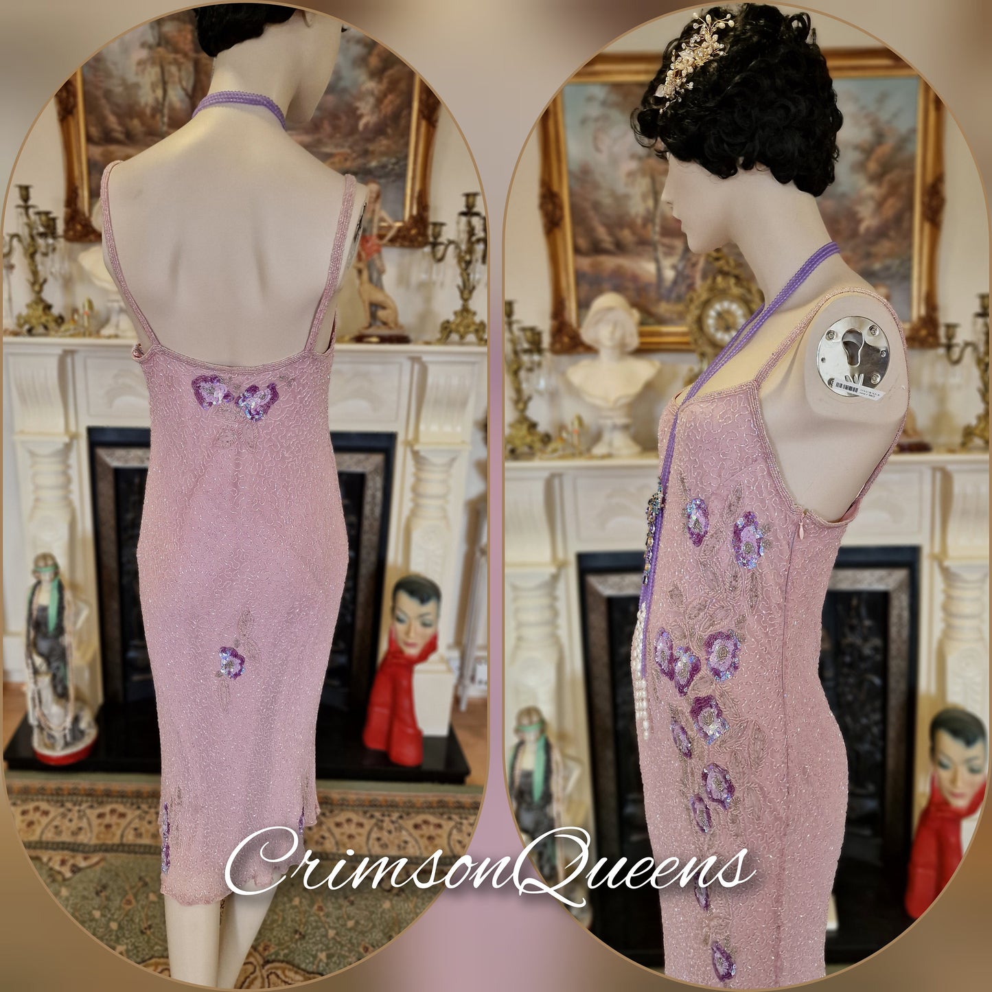 1920s dress Great Gatsby dress flapper gold purple pink dress tassel fringe beaded sequined dress Downton Abbey dress size UK 10 US 6