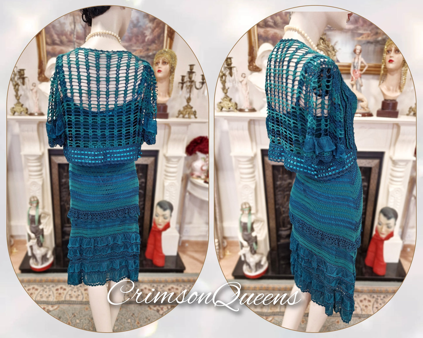 Vintage dark turquoise flapper Great GAtsby 1920s crochet Downton bohemian gypsy chic retro emmbellished 1920s dress size UK 8 US 4