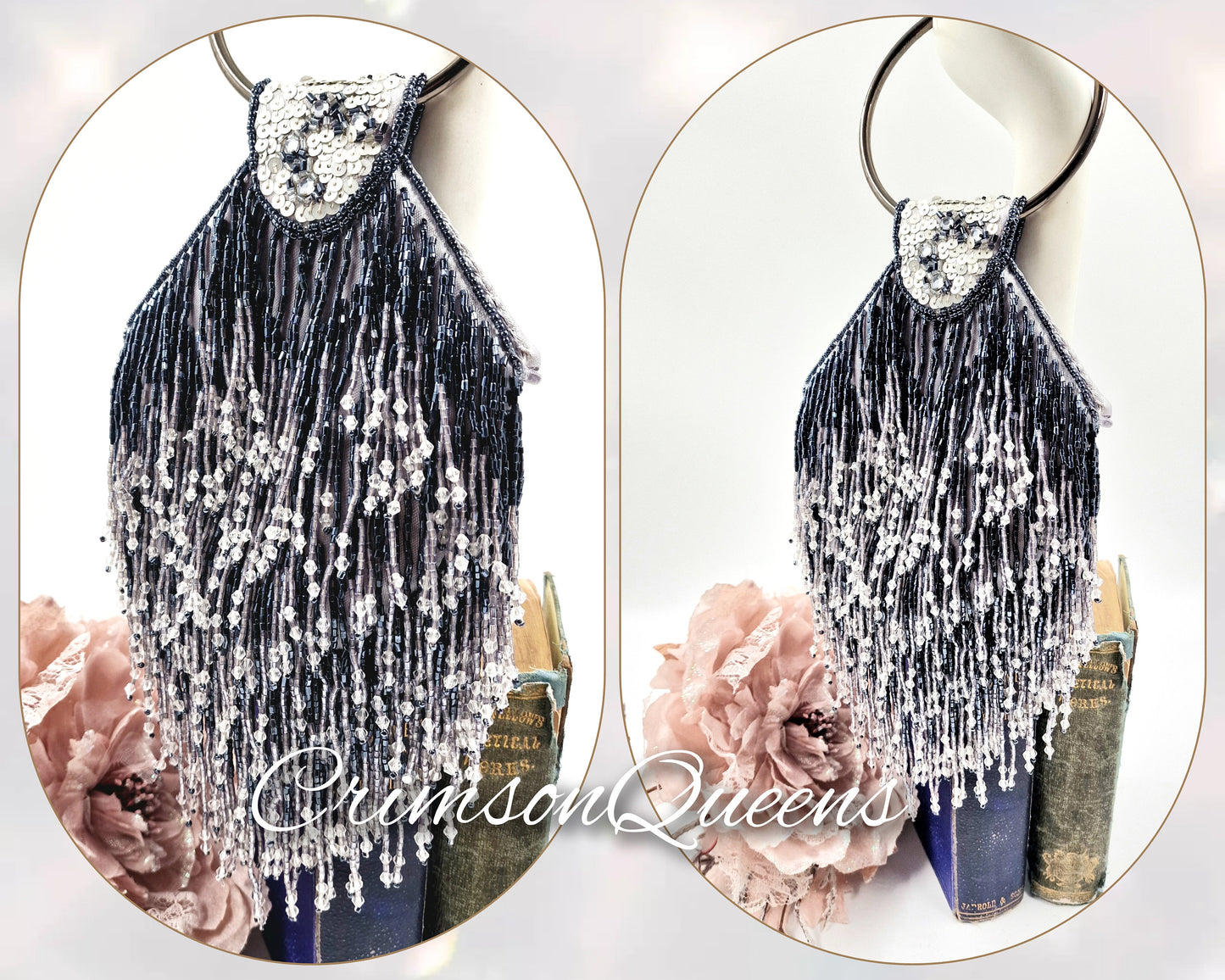 Flapper evening bag 1920s tasseled bag flapper beaded bag vintage beaded bag Black charcoal beaded tassel bag Art Deco evening bag purse