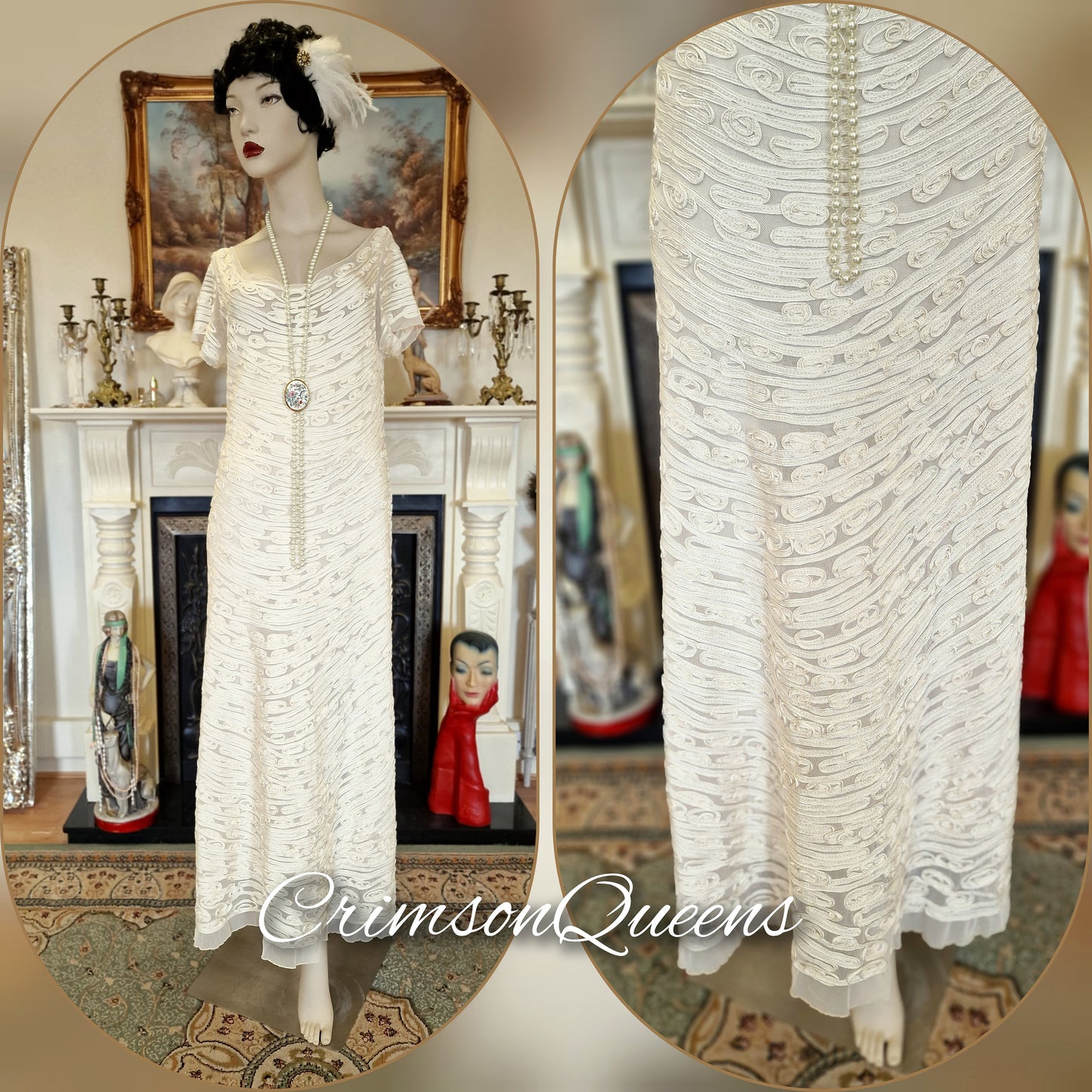 Art Deco vintage Downton Abbey 1920s bride cream wedding bridal all dress 1930s Great Gatsby charleston size UK 810 US 6
