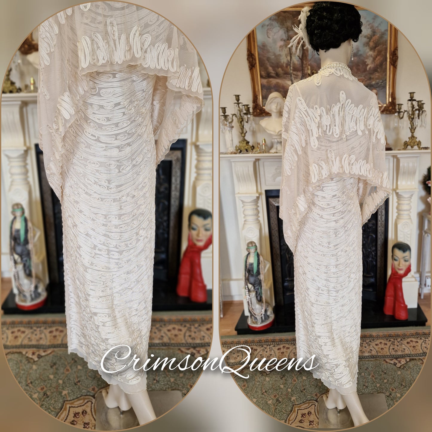 Art Deco vintage Downton Abbey 1920s bride cream wedding bridal all dress 1930s Great Gatsby charleston size UK 810 US 6