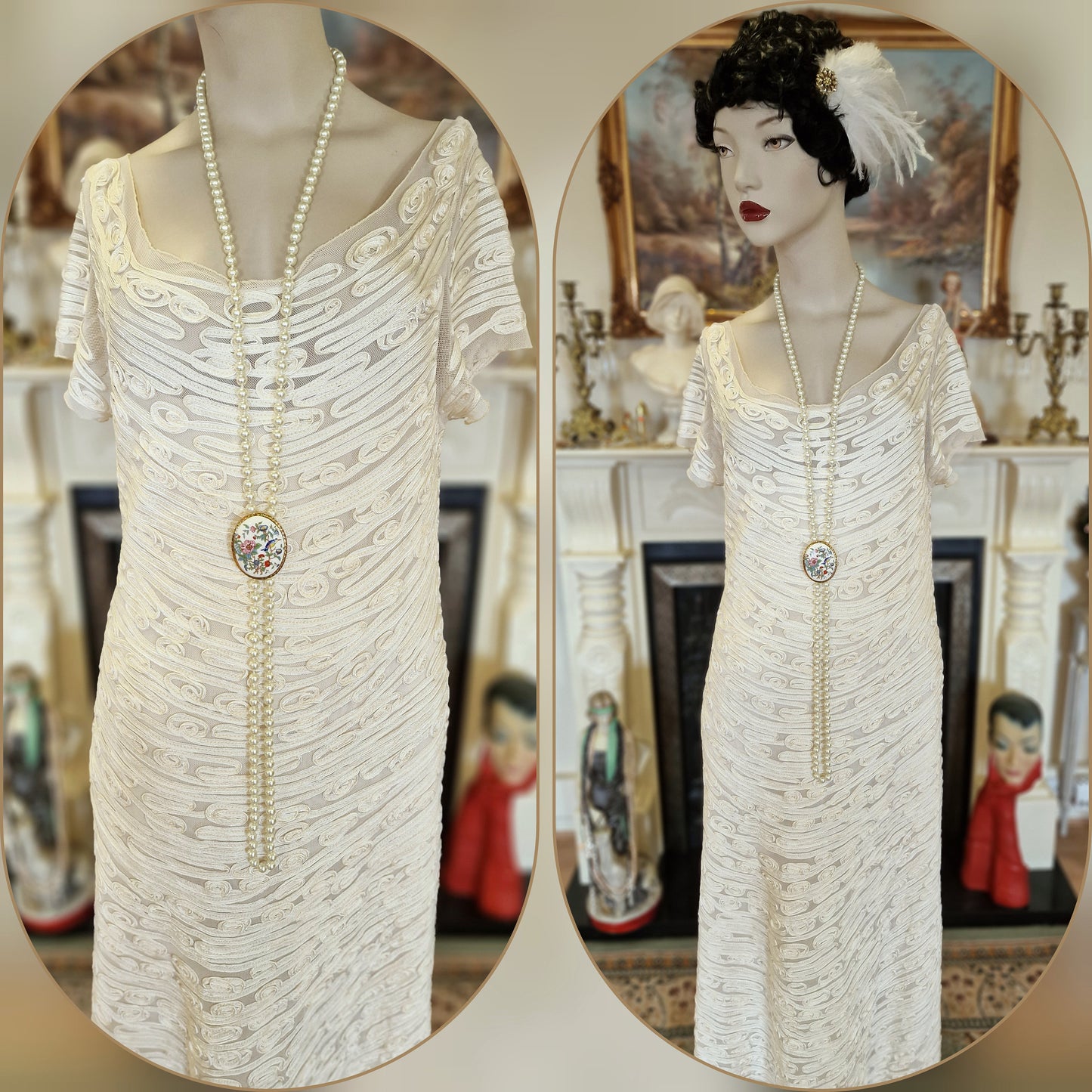 Art Deco vintage Downton Abbey 1920s bride cream wedding bridal all dress 1930s Great Gatsby charleston size UK 810 US 6