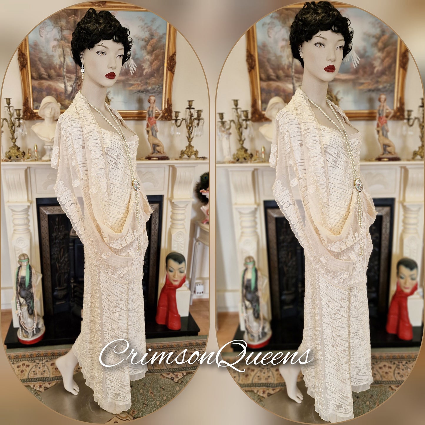 Art Deco vintage Downton Abbey 1920s bride cream wedding bridal all dress 1930s Great Gatsby charleston size UK 810 US 6