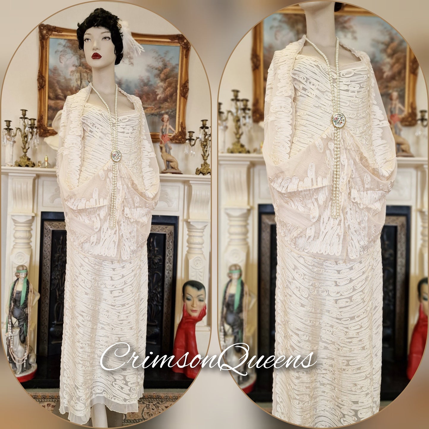Art Deco vintage Downton Abbey 1920s bride cream wedding bridal all dress 1930s Great Gatsby charleston size UK 810 US 6