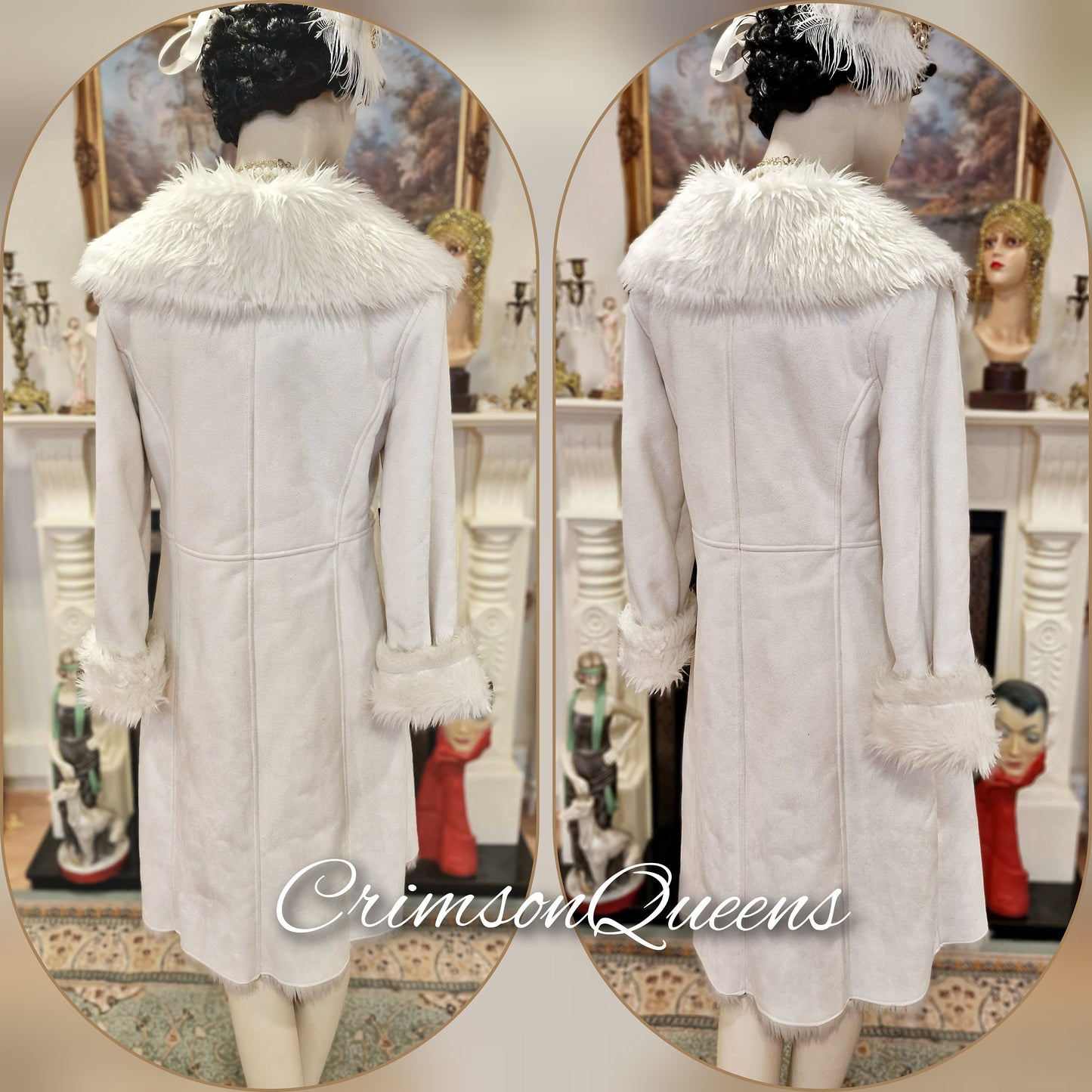Vintage luxurious off white thick faux fur bohemian hippie gypsy long faux suede and simulated fur soft and cozy winter coat UK 10 12 US 6
