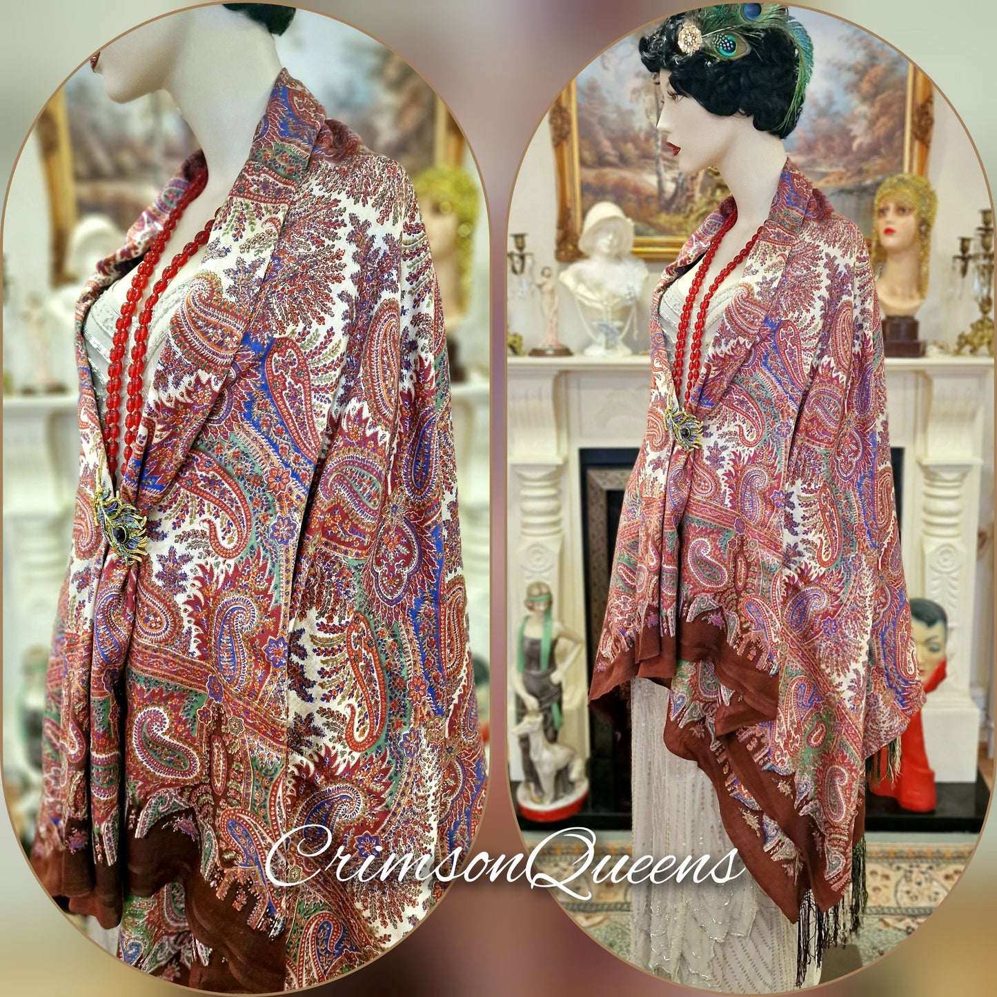 Vintage burgundy red oriental paisley extra large Art Deco silk statement duster 1920s piano flapper wrap shawl with tassels