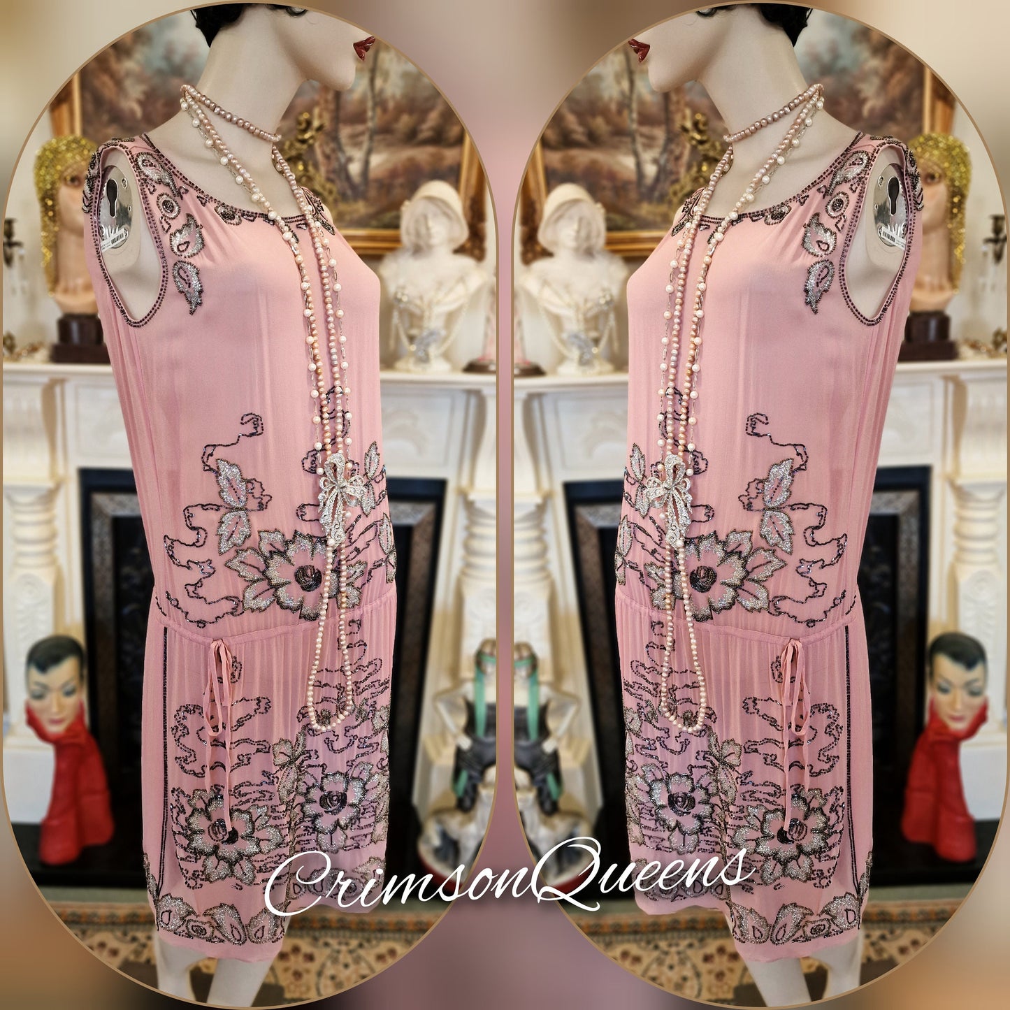 Vintage Great Gatsby pale pink beaded flapper style dress ensemble with sequined coat duster1920s beaded embellished dress UK 10 US 6