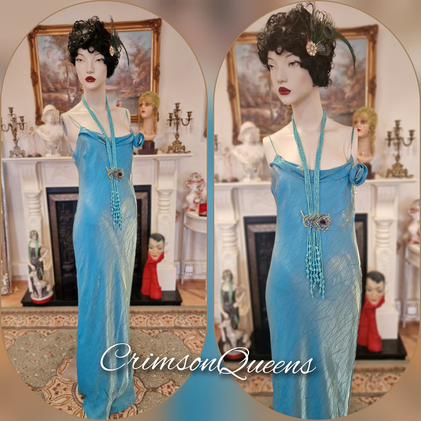 Flapper 1920s dress Flapper 1920s raw silk maxi dress Great Gatsby dress turquoise blue silk dress size UK 10 US 6