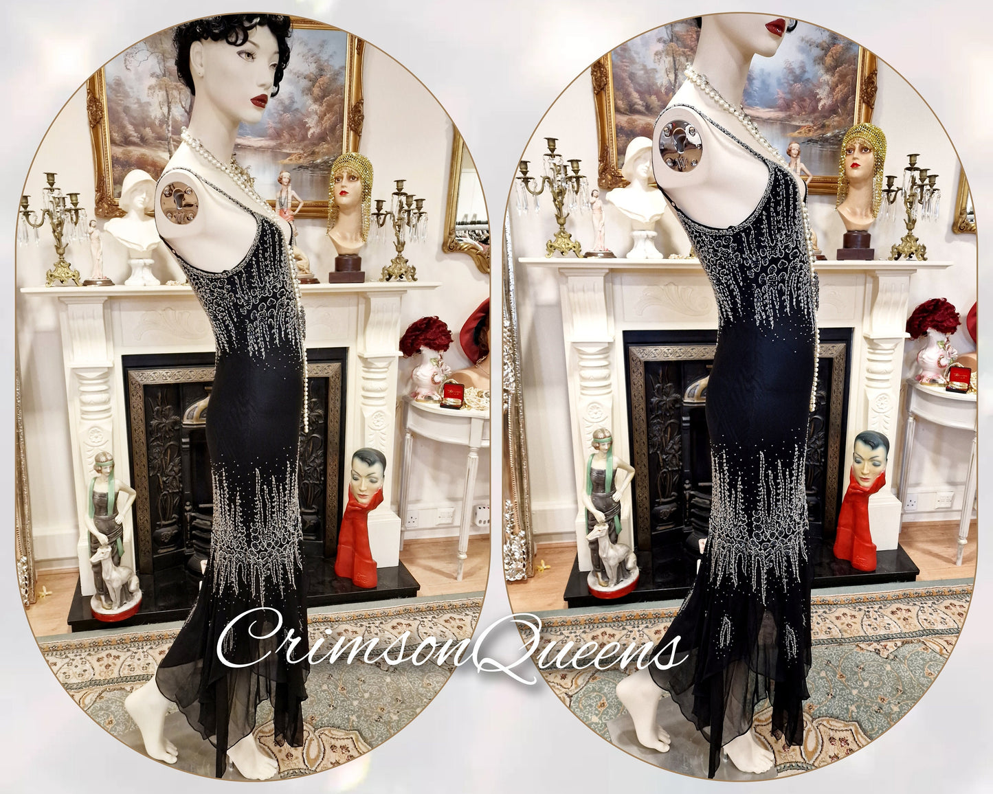 Vintage Downton Abbey Great Gatsby black beaded silk dress 1920s flapper ensemble with Art Deco beaded duster size UK 10 12 US 6 8