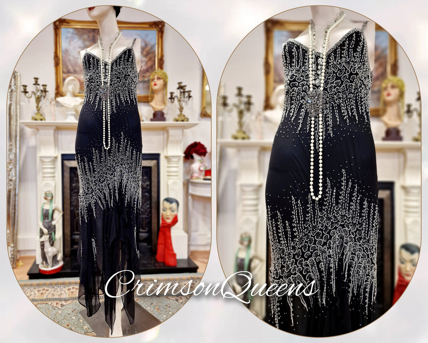Vintage Downton Abbey Great Gatsby black beaded silk dress 1920s flapper ensemble with Art Deco beaded duster size UK 10 12 US 6 8