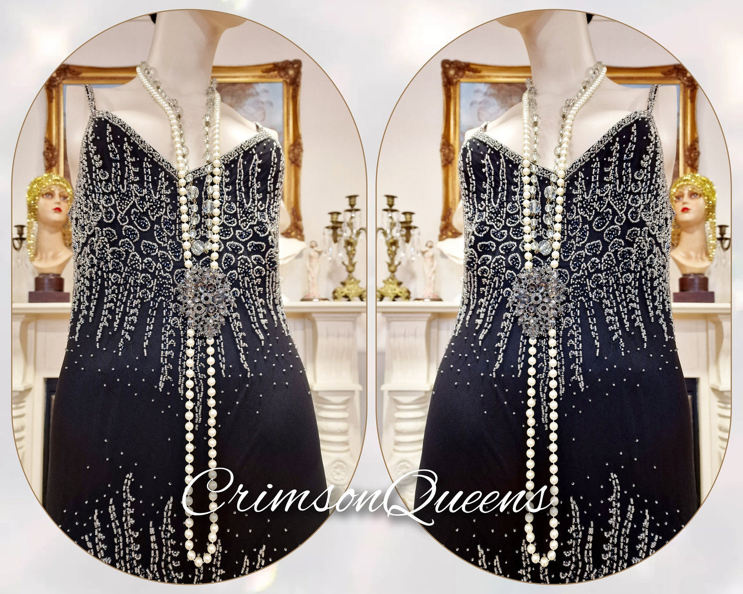 Vintage Downton Abbey Great Gatsby black beaded silk dress 1920s flapper ensemble with Art Deco beaded duster size UK 10 12 US 6 8