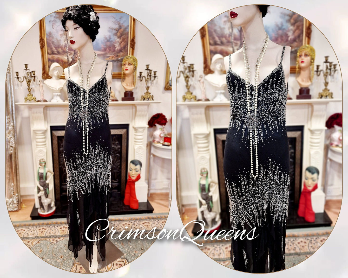 Vintage Downton Abbey Great Gatsby black beaded silk dress 1920s flapper ensemble with Art Deco beaded duster size UK 10 12 US 6 8