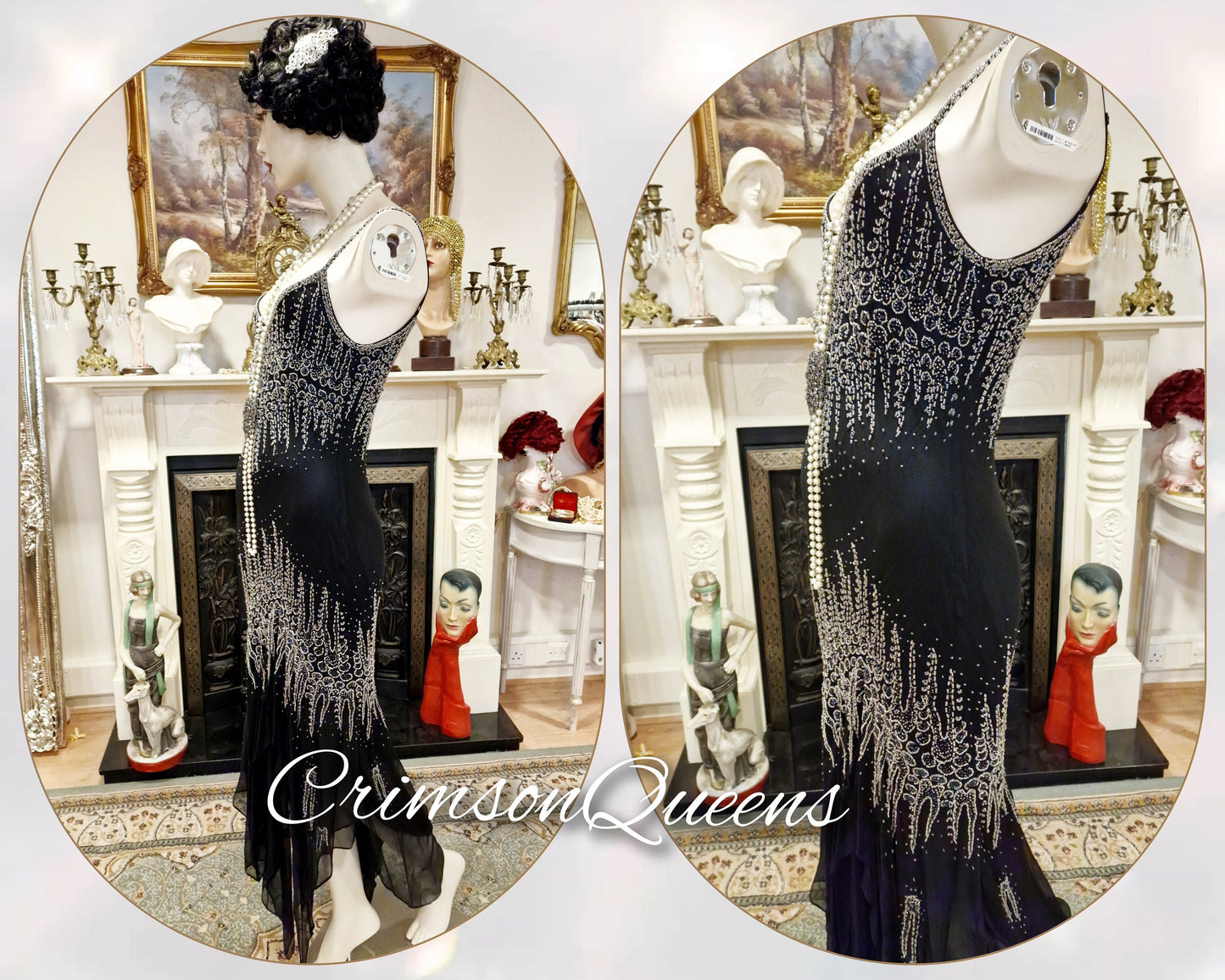 Vintage Downton Abbey Great Gatsby black beaded silk dress 1920s flapper ensemble with Art Deco beaded duster size UK 10 12 US 6 8