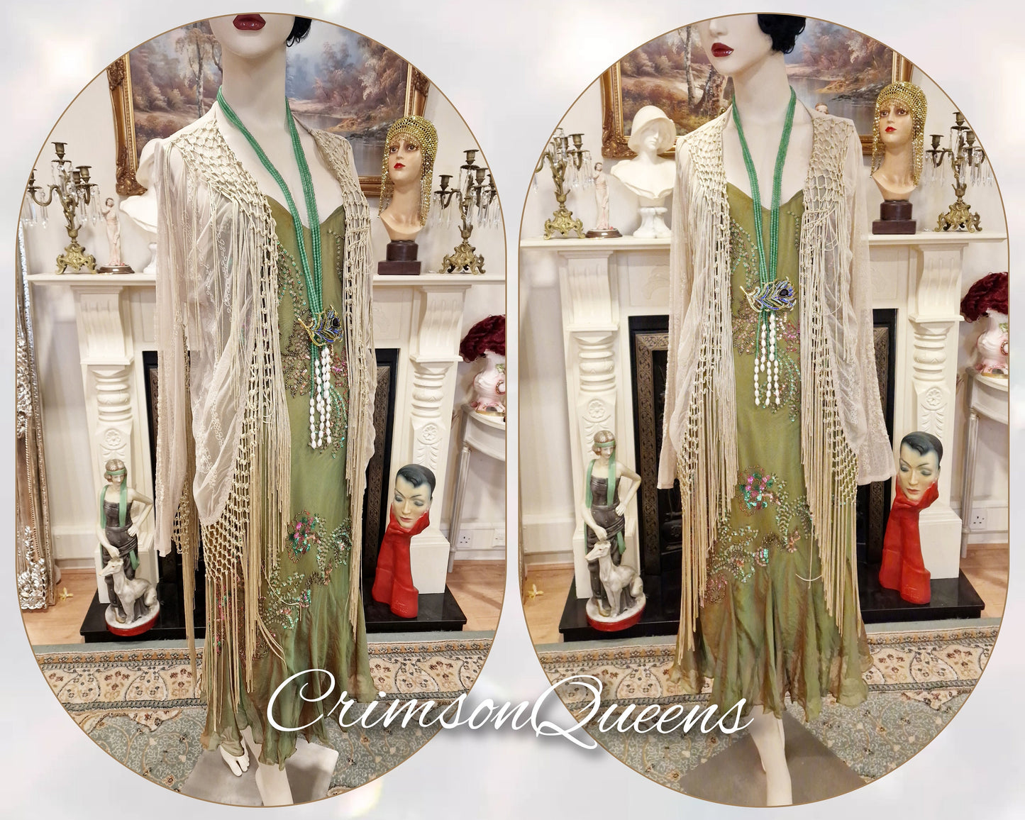 Vintage 1920s 1930s Art Deco all silk sequined heavily beaded delicate mint green beaded embroidered dress size UK 10 US 6