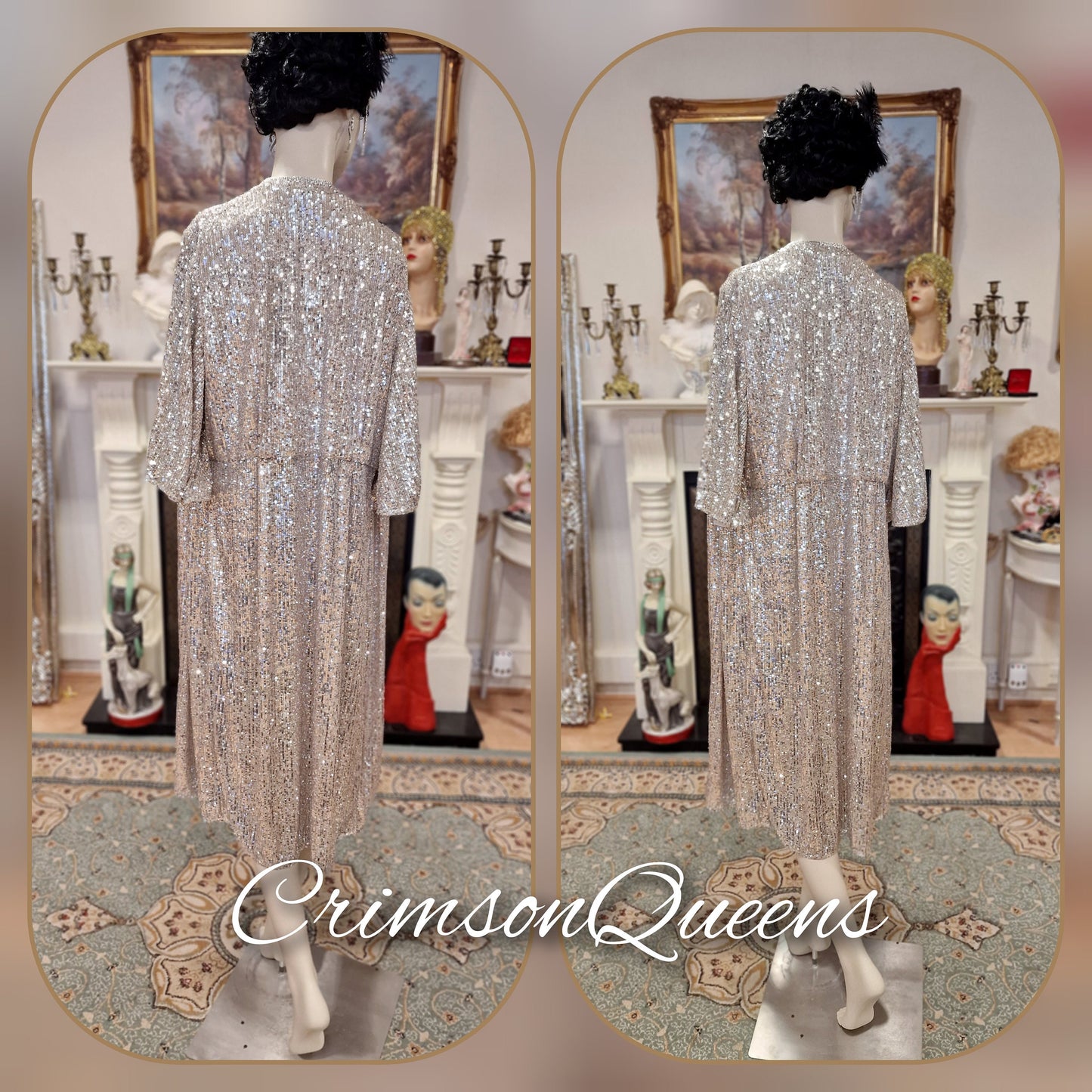 1920s vintage Downton Abbey flapper sequinned mesh silver sparkly bohemian coat kimono duster dress size S UK 8 US 4