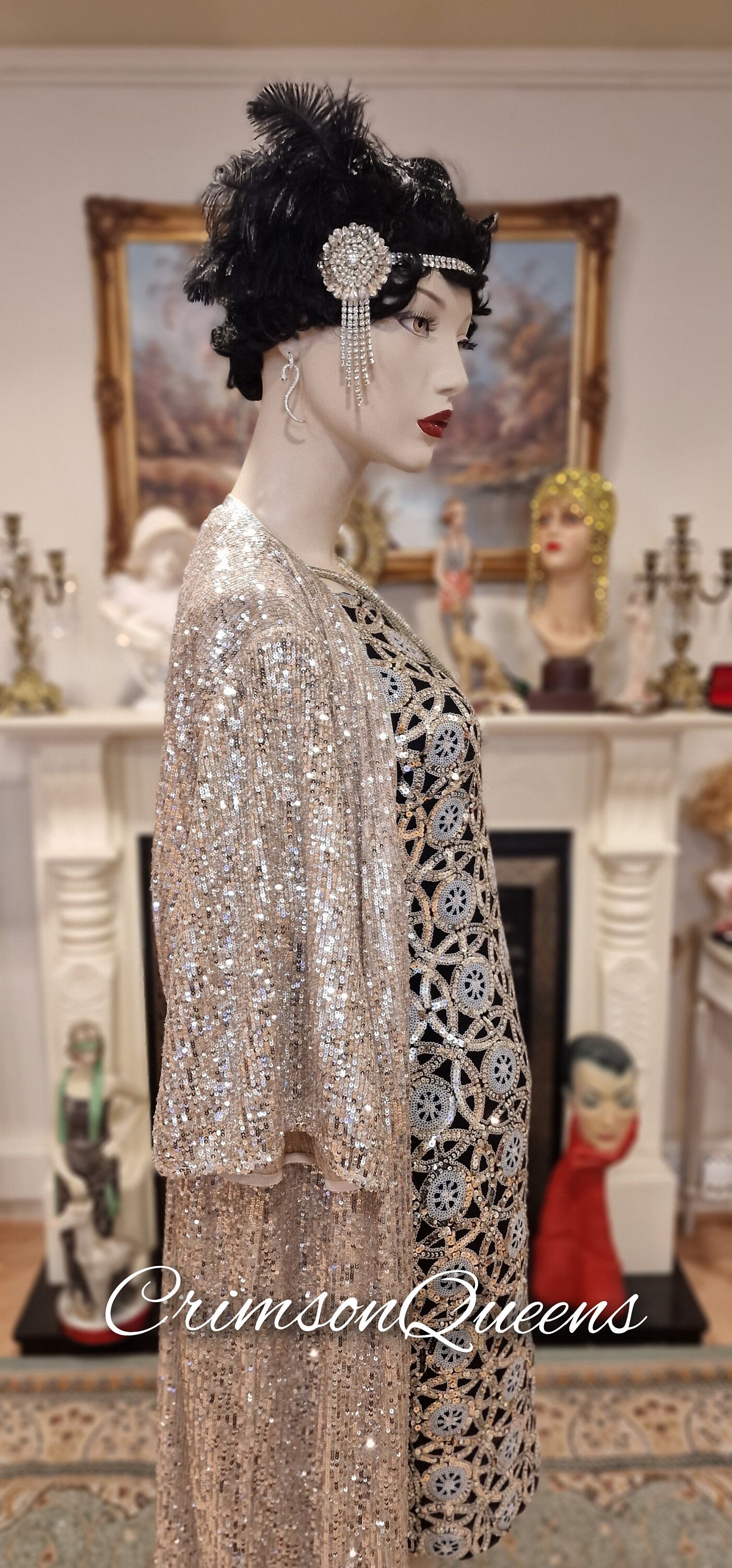 1920s vintage Downton Abbey flapper sequinned mesh silver sparkly bohemian coat kimono duster dress size S UK 8 US 4