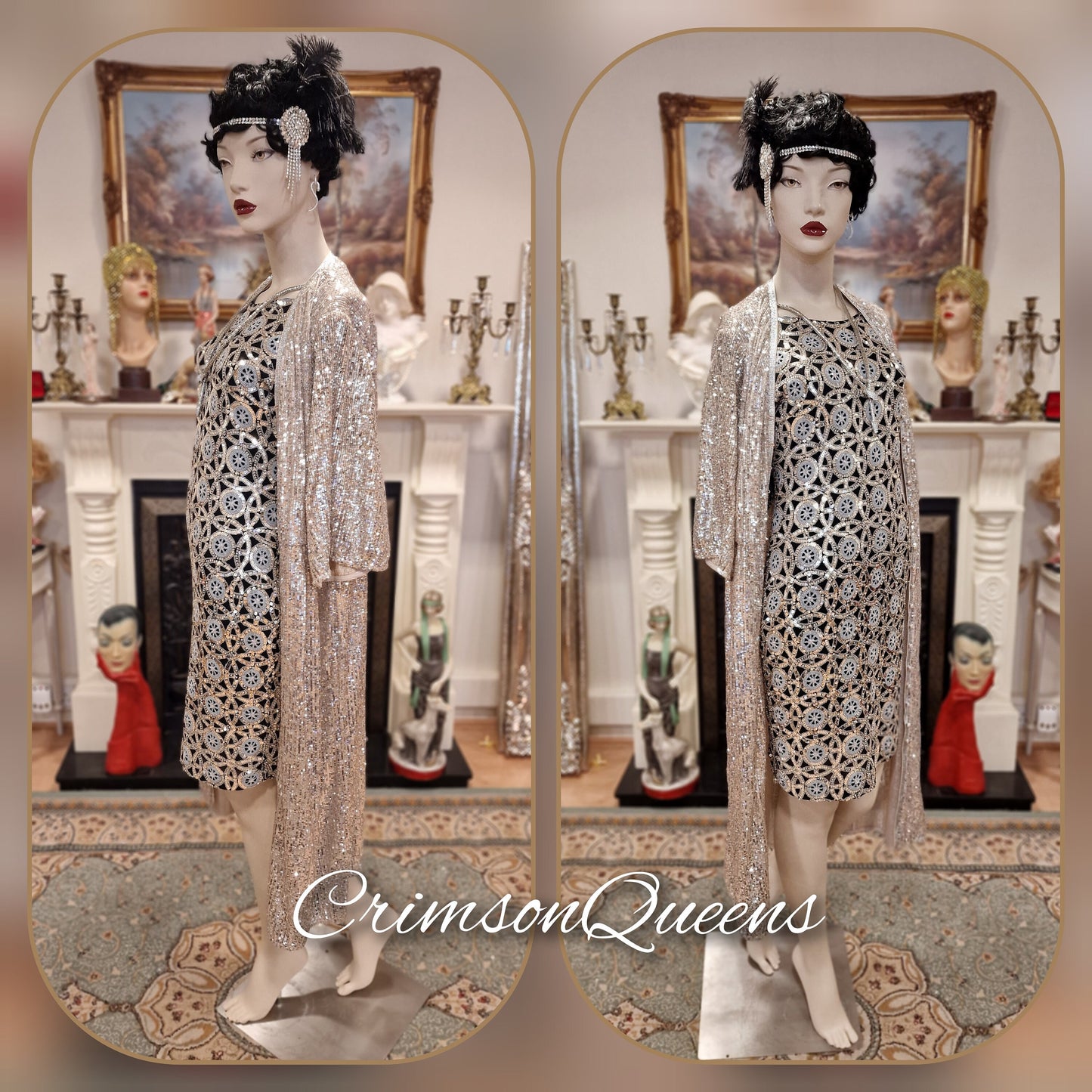 1920s vintage Downton Abbey flapper sequinned mesh silver sparkly bohemian coat kimono duster dress size S UK 8 US 4