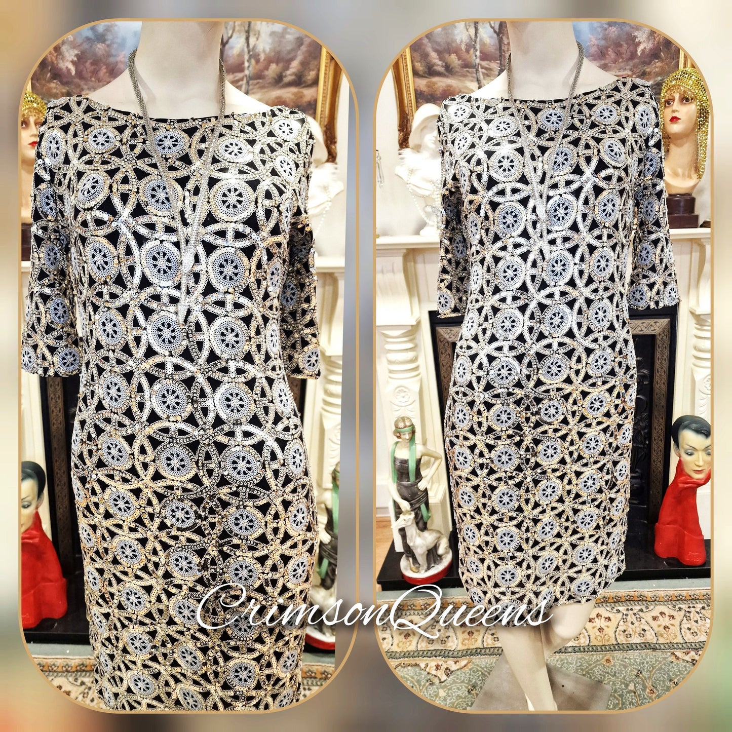 1920s vintage Downton Abbey flapper sequinned mesh silver sparkly bohemian coat kimono duster dress size S UK 8 US 4