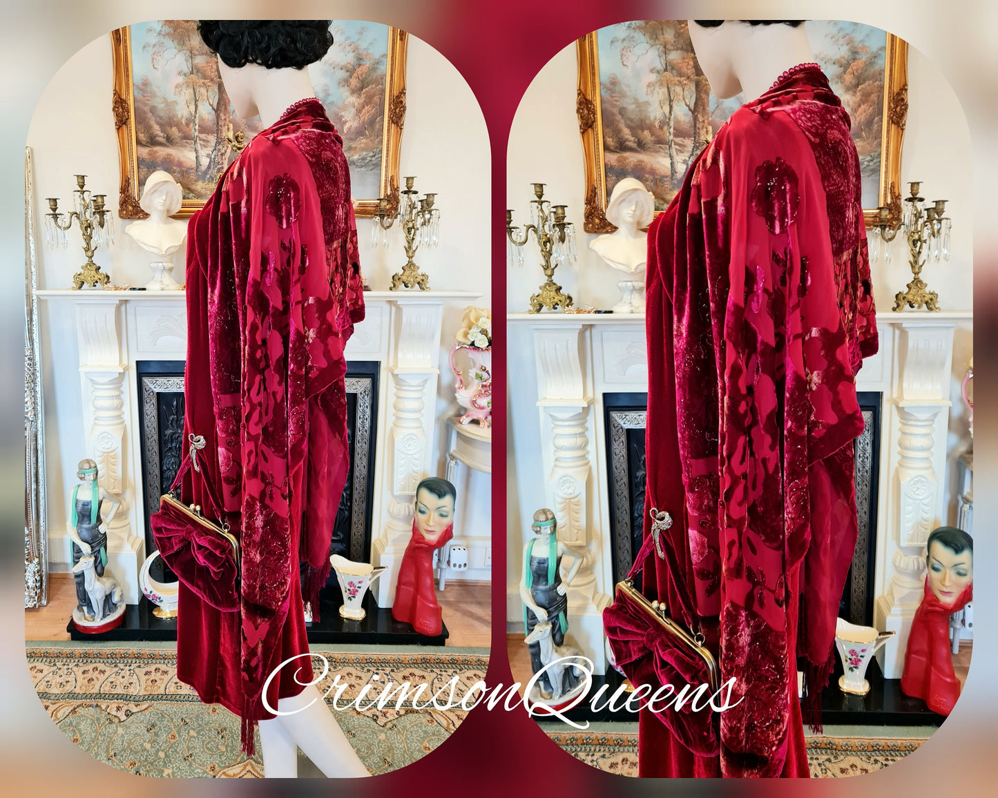 Art Deco romantic Downton Abbey vintage scarlet red velvet silk devore cocktail evening dress ensemble  6 elements size UK 12 US 8