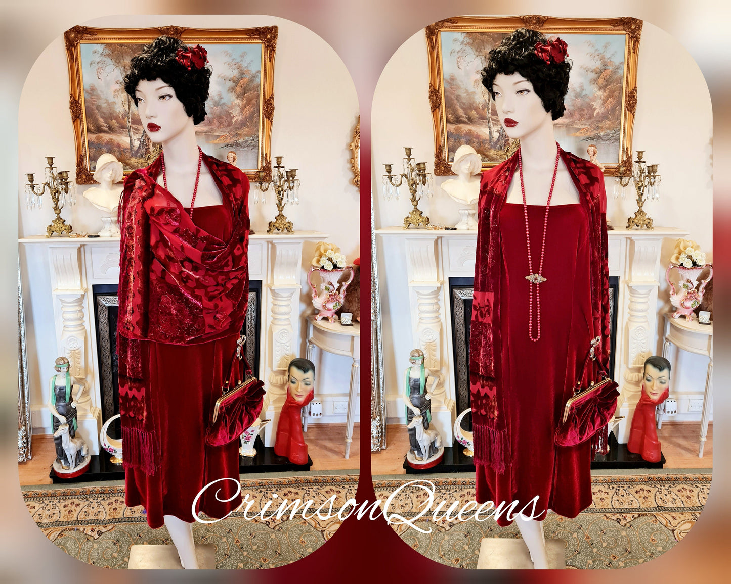 Art Deco romantic Downton Abbey vintage scarlet red velvet silk devore cocktail evening dress ensemble  6 elements size UK 12 US 8