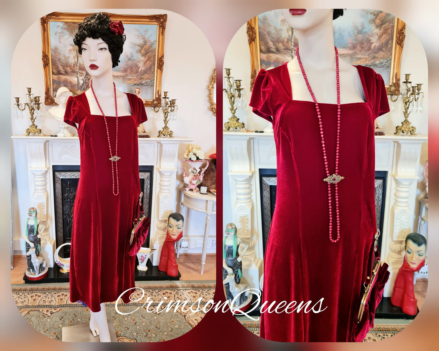 Art Deco romantic Downton Abbey vintage scarlet red velvet silk devore cocktail evening dress ensemble  6 elements size UK 12 US 8
