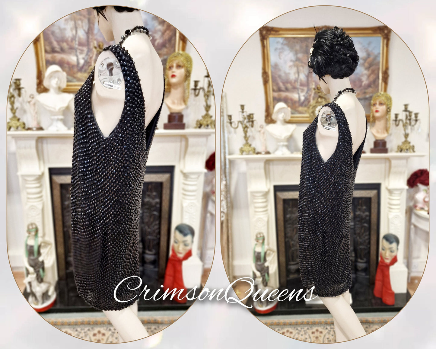 1920s Art Deco Flapper Charleston Gatsby vintage heavily beaded shell evening Avant Garde black dress size UK 12 14 US 8 10