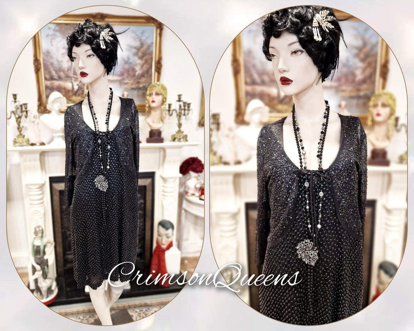 1920s Art Deco Flapper Charleston Gatsby vintage heavily beaded shell evening Avant Garde black dress size UK 12 14 US 8 10