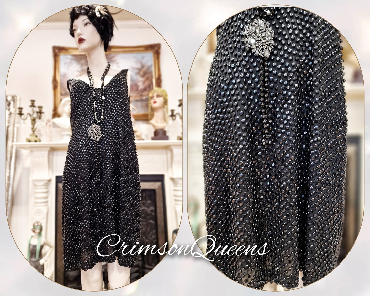1920s Art Deco Flapper Charleston Gatsby vintage heavily beaded shell evening Avant Garde black dress size UK 12 14 US 8 10