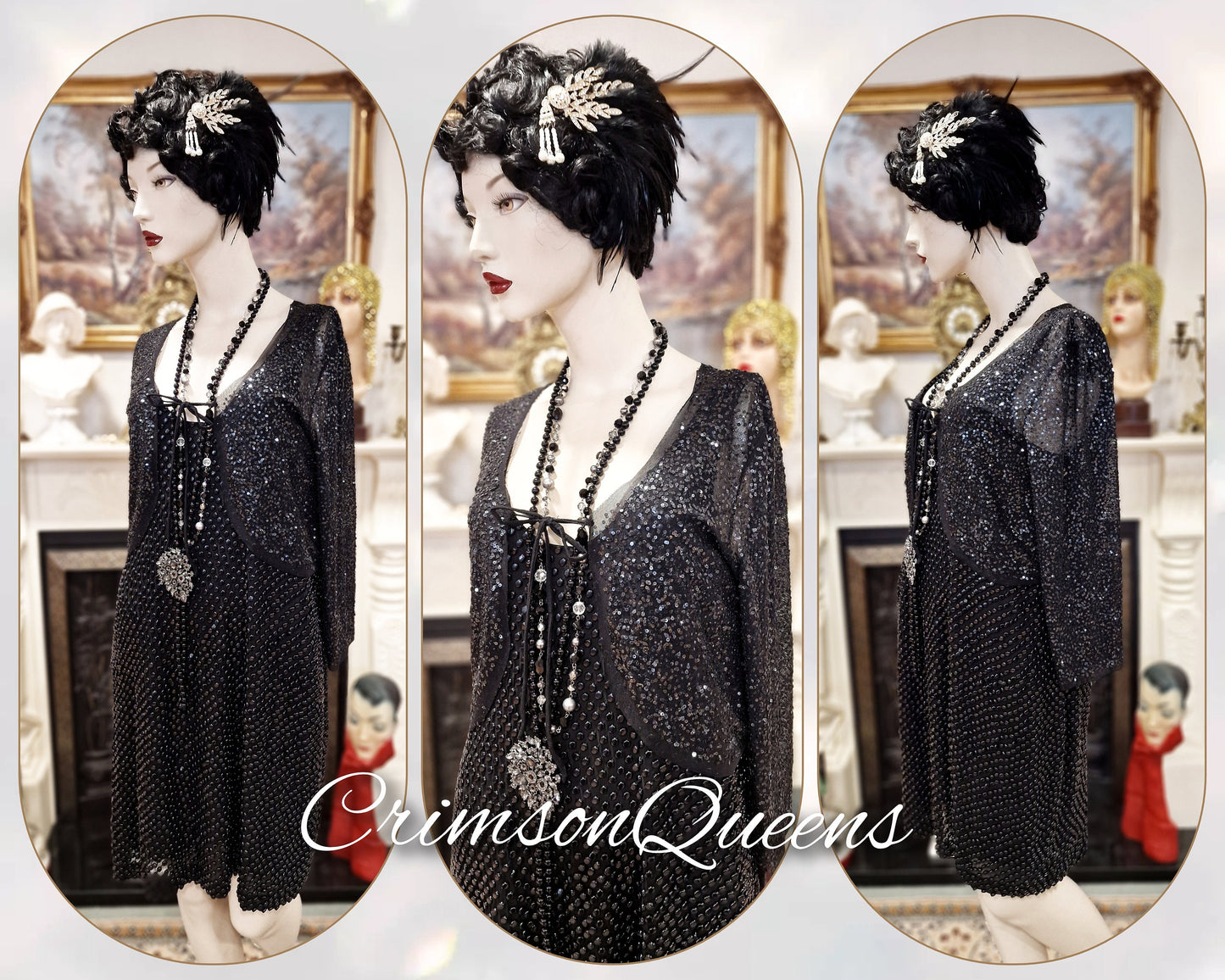 1920s Art Deco Flapper Charleston Gatsby vintage heavily beaded shell evening Avant Garde black dress size UK 12 14 US 8 10