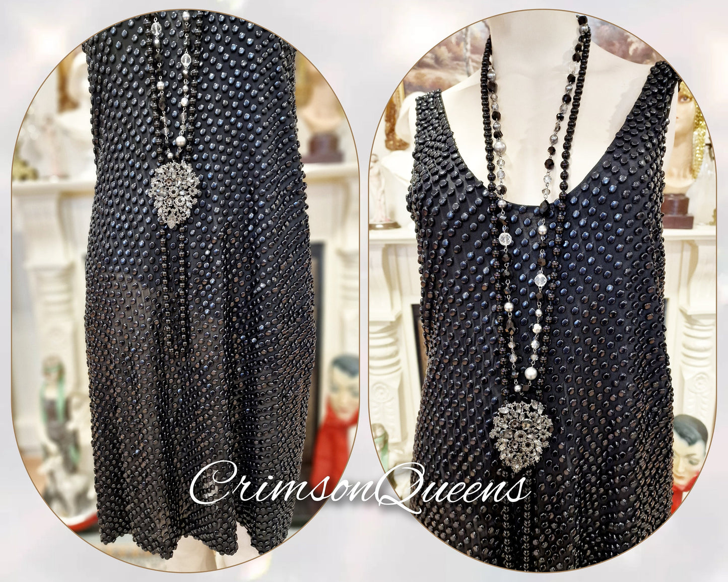 1920s Art Deco Flapper Charleston Gatsby vintage heavily beaded shell evening Avant Garde black dress size UK 12 14 US 8 10