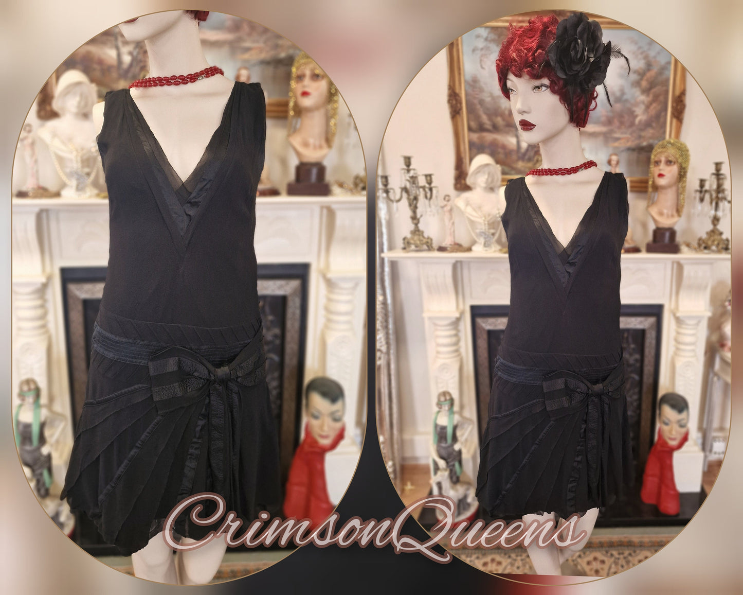 Vintage little black Flapper dress Great Gatsby dress 1920s dress Art Deco silk mesh dress 1920s dress Size UK 8 US 4