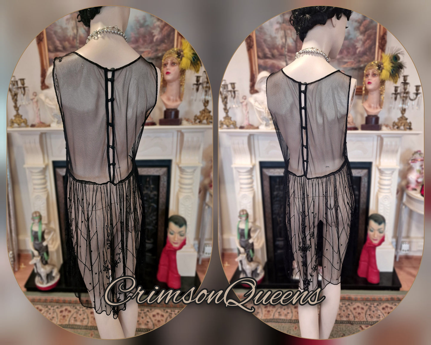 Vintage Downton Abbey Great Gatsby black beaded sheer mesh dress 1920s flapper ensemble with Art Deco lace duster size UK 10 12 US 6 8