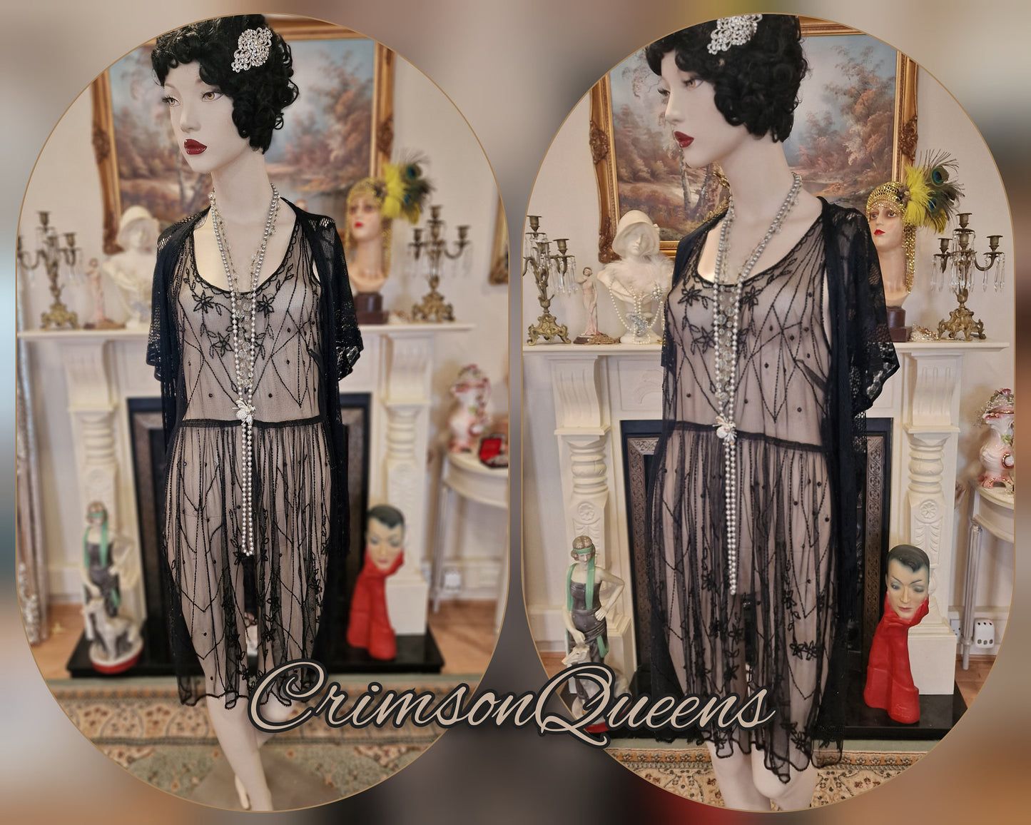Vintage Downton Abbey Great Gatsby black beaded sheer mesh dress 1920s flapper ensemble with Art Deco lace duster size UK 10 12 US 6 8