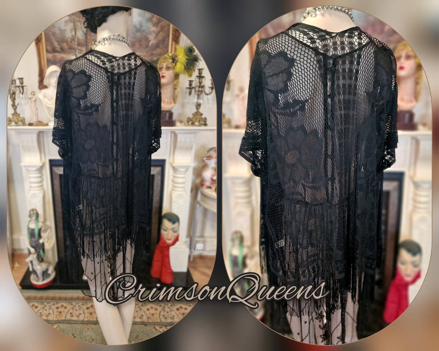 Vintage Downton Abbey Great Gatsby black beaded sheer mesh dress 1920s flapper ensemble with Art Deco lace duster size UK 10 12 US 6 8
