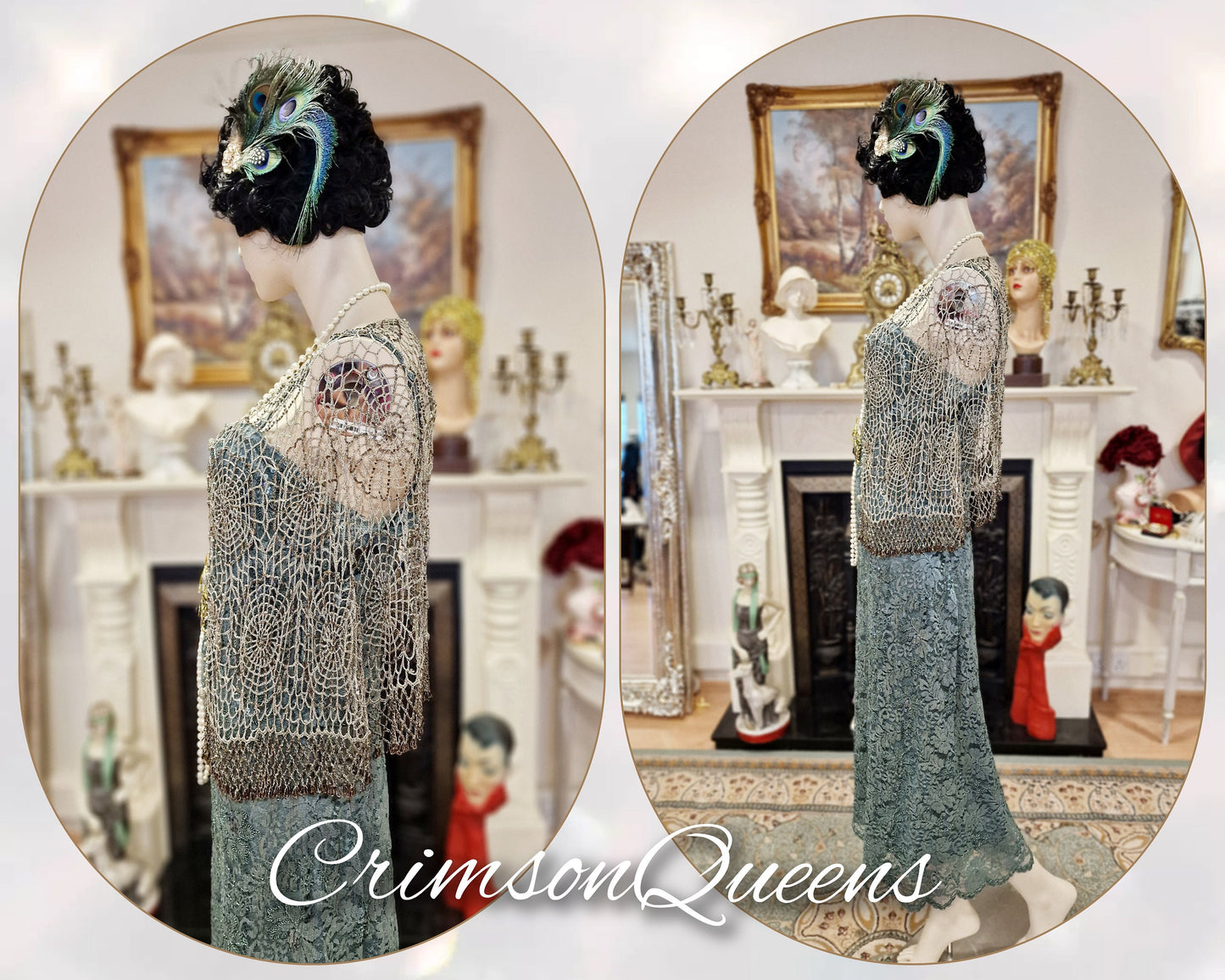1920s laced Downton Abbey flapper 1920s embellished lace aqua mint green beaded sequinned dress size UK 14 US 10