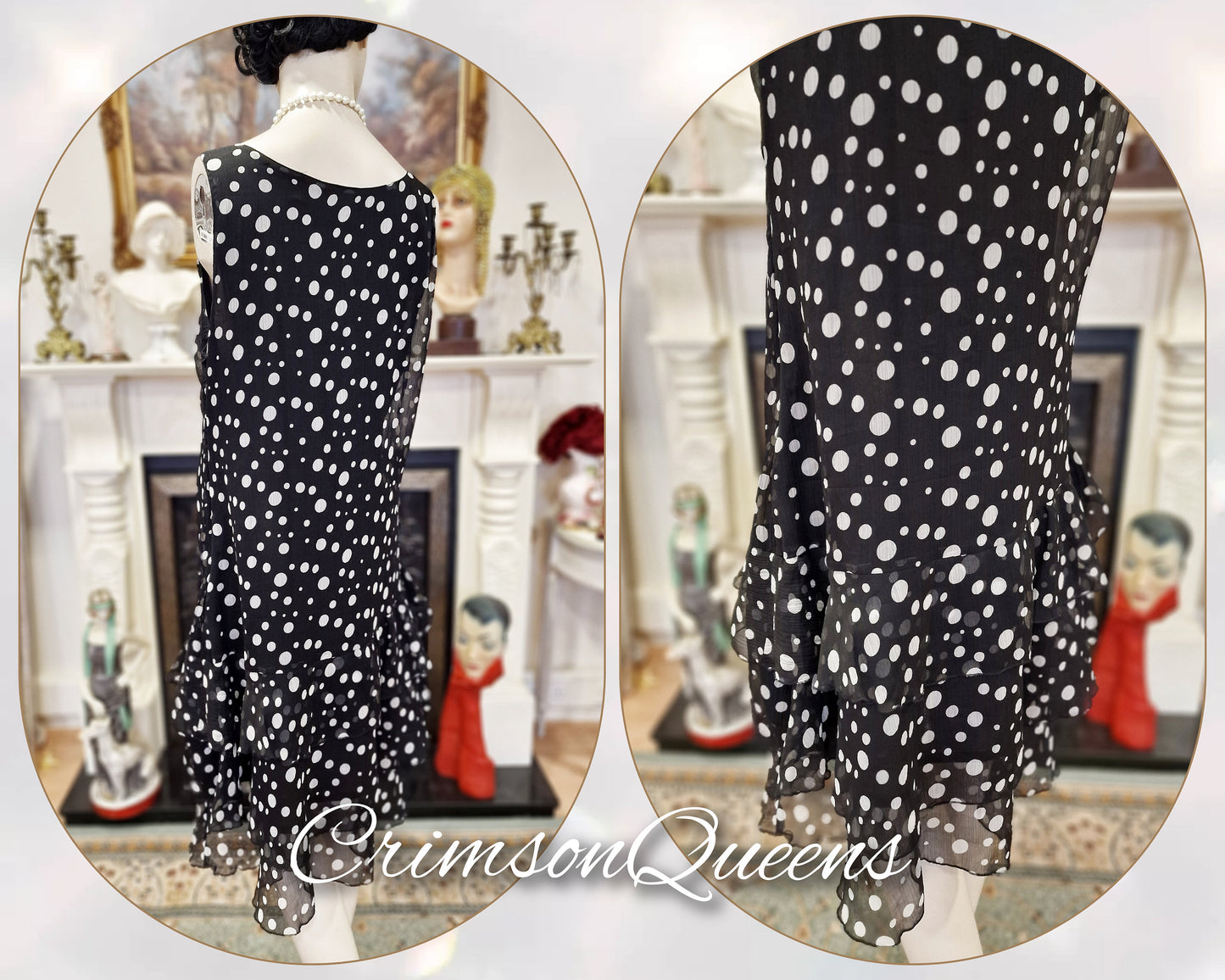 Vintage silk chiffon polka-dot spotted black and white 1920s garden cocktail every day casual frilled dress UK 16/18 US 12/14