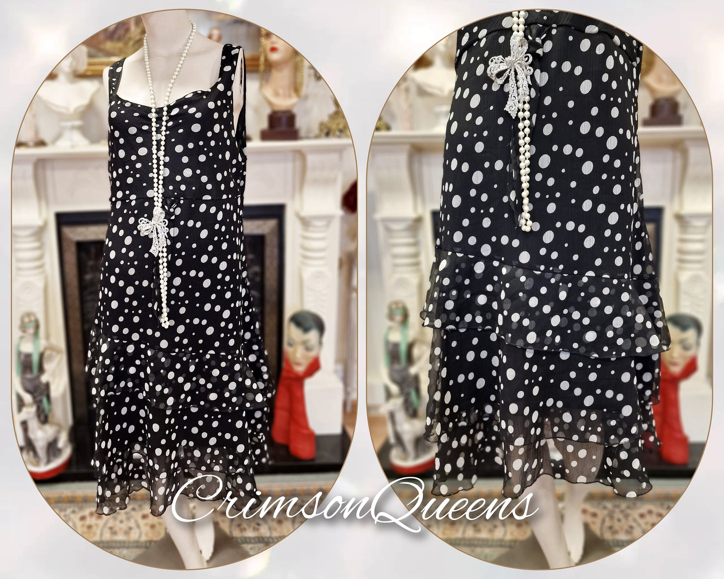 Vintage silk chiffon polka-dot spotted black and white 1920s garden cocktail every day casual frilled dress UK 16/18 US 12/14