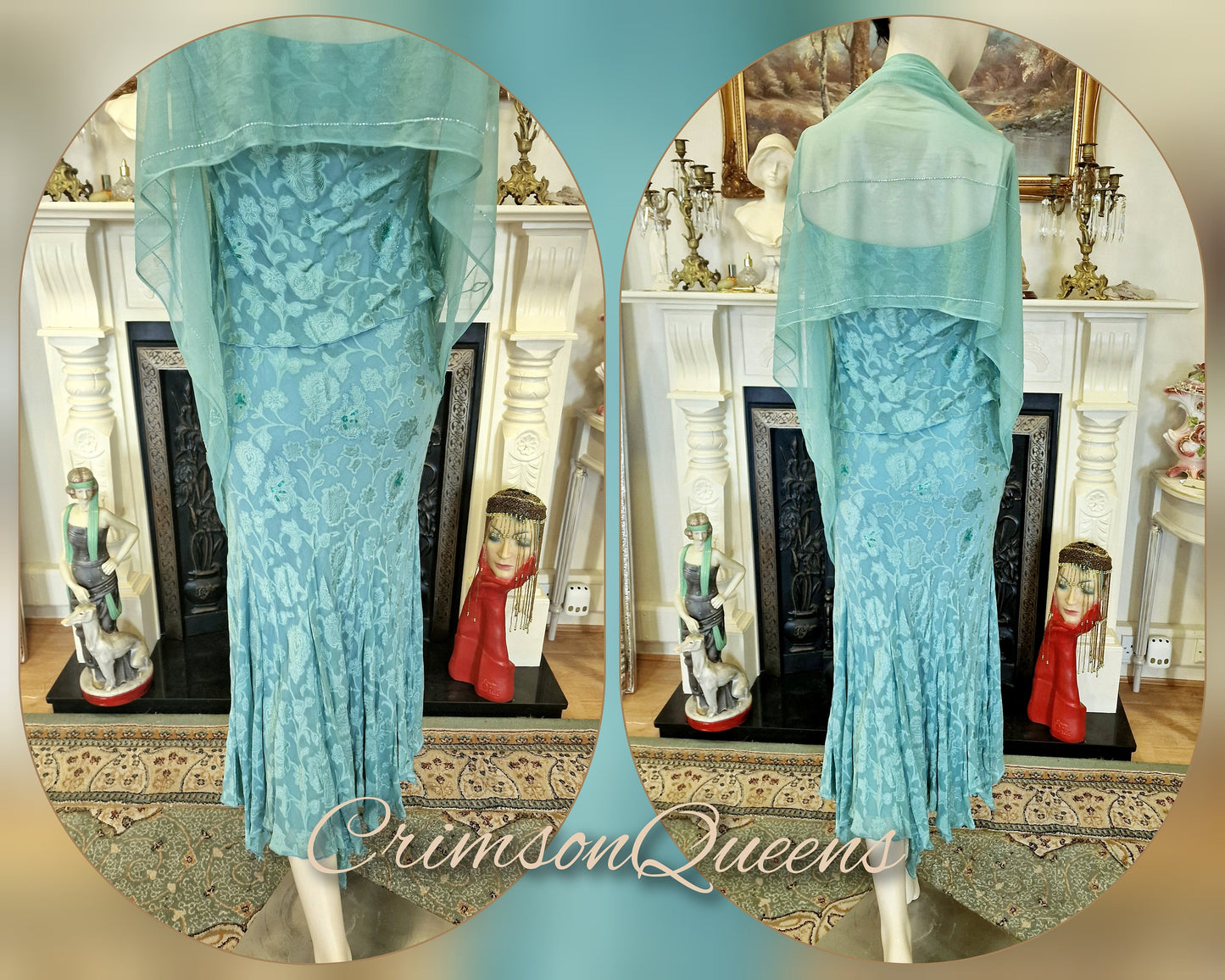 Vintage celadon green statement dress flapper evening Downton Abbey 1920s cocktail garden party silk Devore feather dress UK 10 12 US 6 8