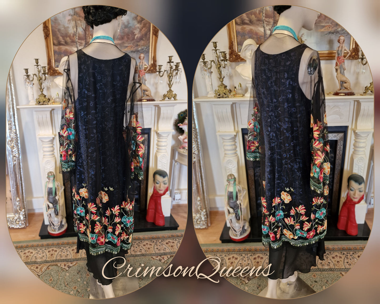Vintage black 1920s flapper sheer mesh beautifully embroidered net long coat duster size UK 10 12 14 18 20 US 6 8 12