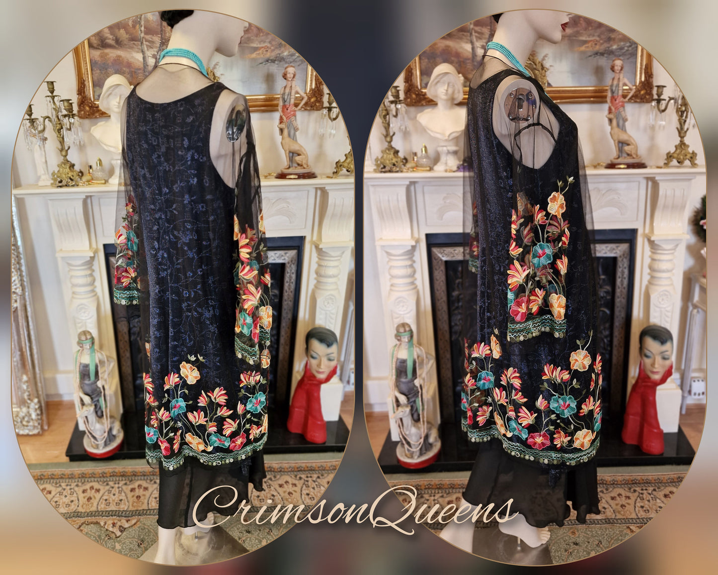 Vintage black 1920s flapper sheer mesh beautifully embroidered net long coat duster size UK 10 12 14 18 20 US 6 8 12