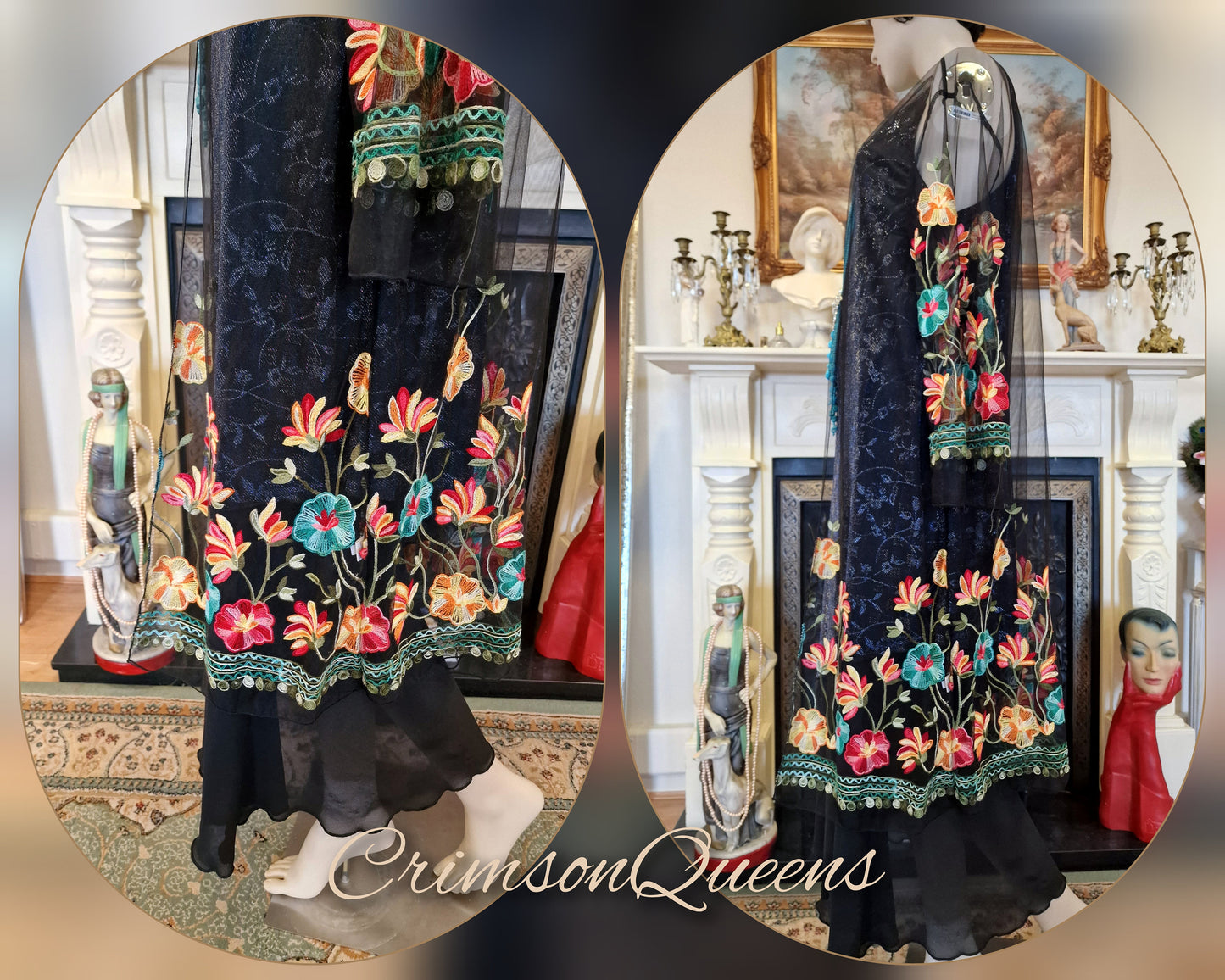 Vintage black 1920s flapper sheer mesh beautifully embroidered net long coat duster size UK 10 12 14 18 20 US 6 8 12