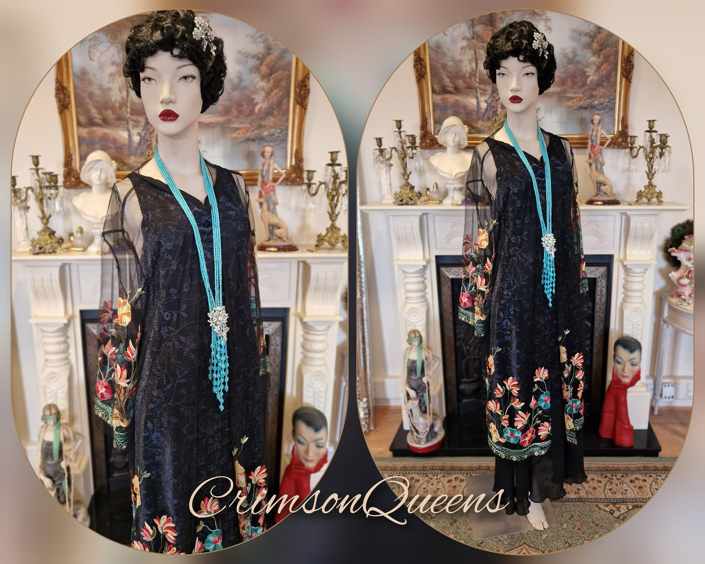 Vintage black 1920s flapper sheer mesh beautifully embroidered net long coat duster size UK 10 12 14 18 20 US 6 8 12