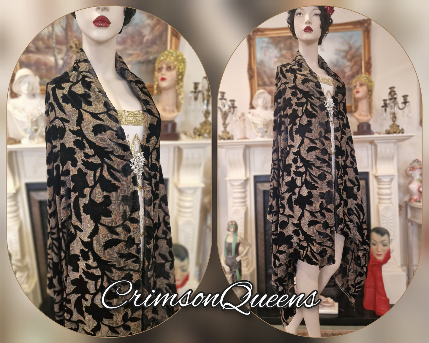 Vintage burgundy black silver oriental Art Deco silk devore damaks statement duster 1920s piano flapper wrap shawl
