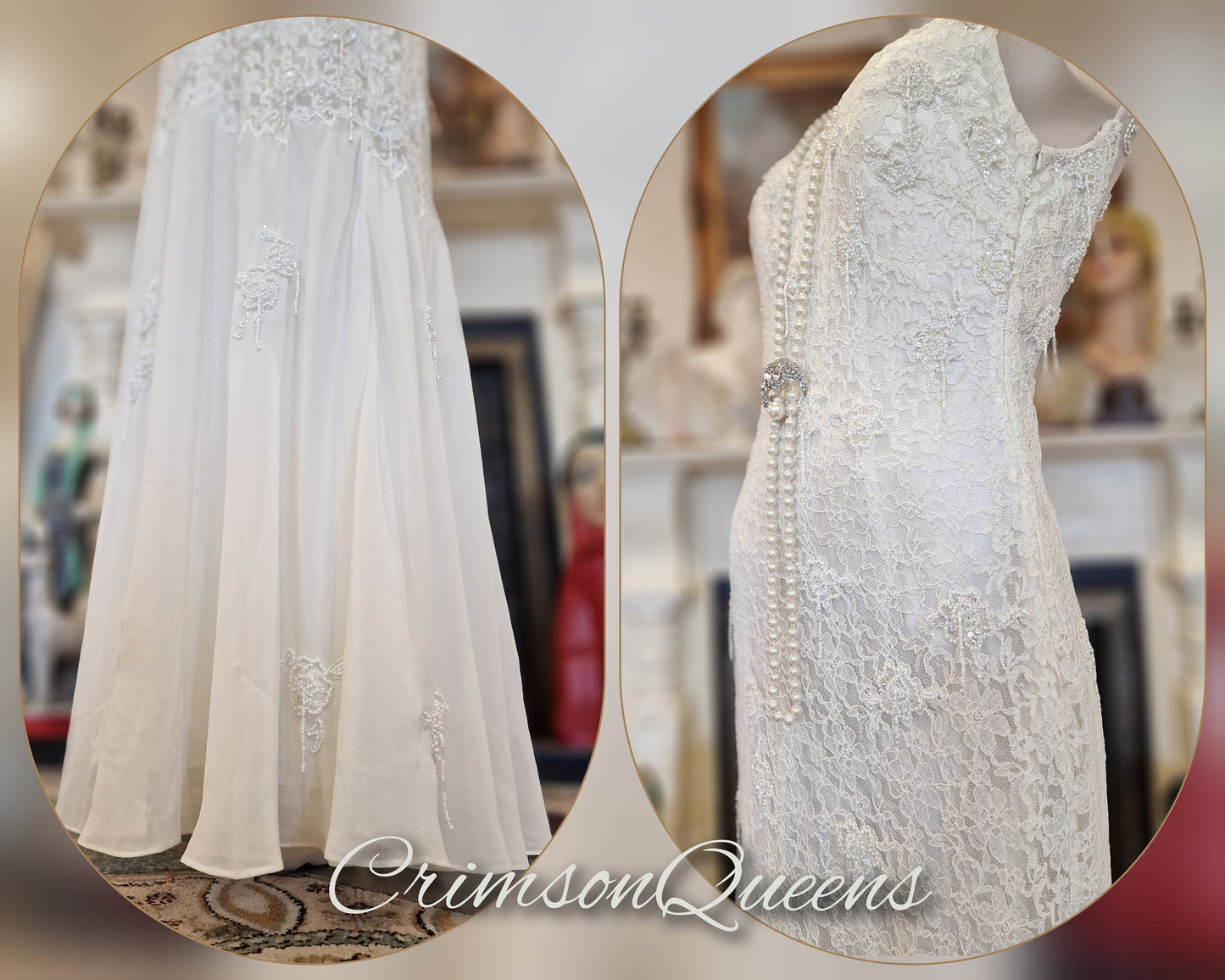 Art Deco vintage 1920s Downton Abbey bride off-white wedding bridal dress beaded flapper 100% silk Great Gatsby size UK 8 10 US 4 6